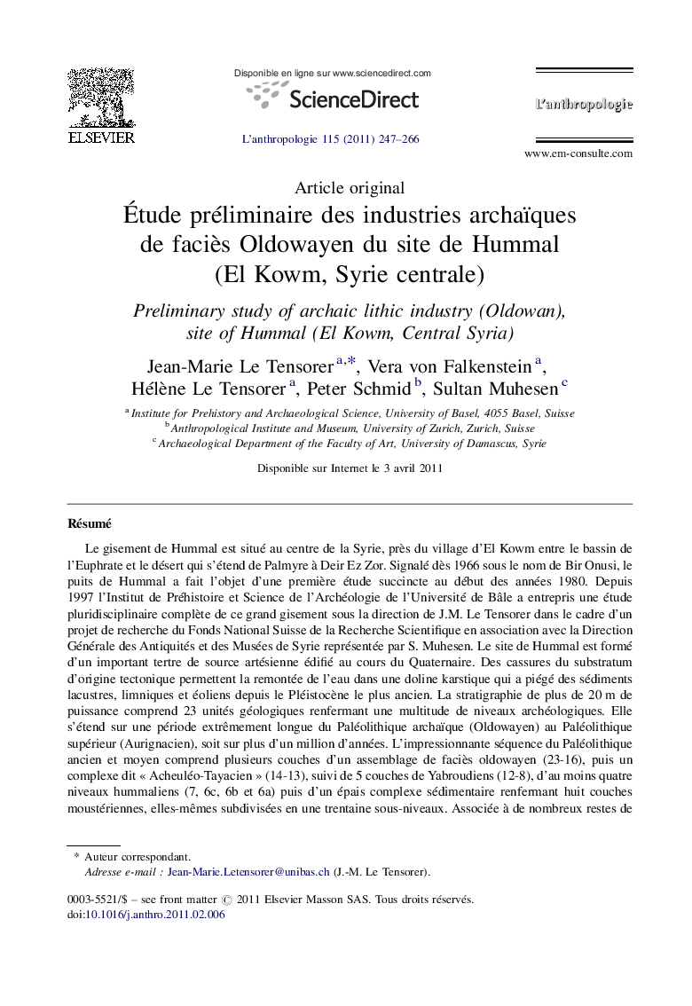 Étude préliminaire des industries archaïques de faciès Oldowayen du site de Hummal (El Kowm, Syrie centrale)