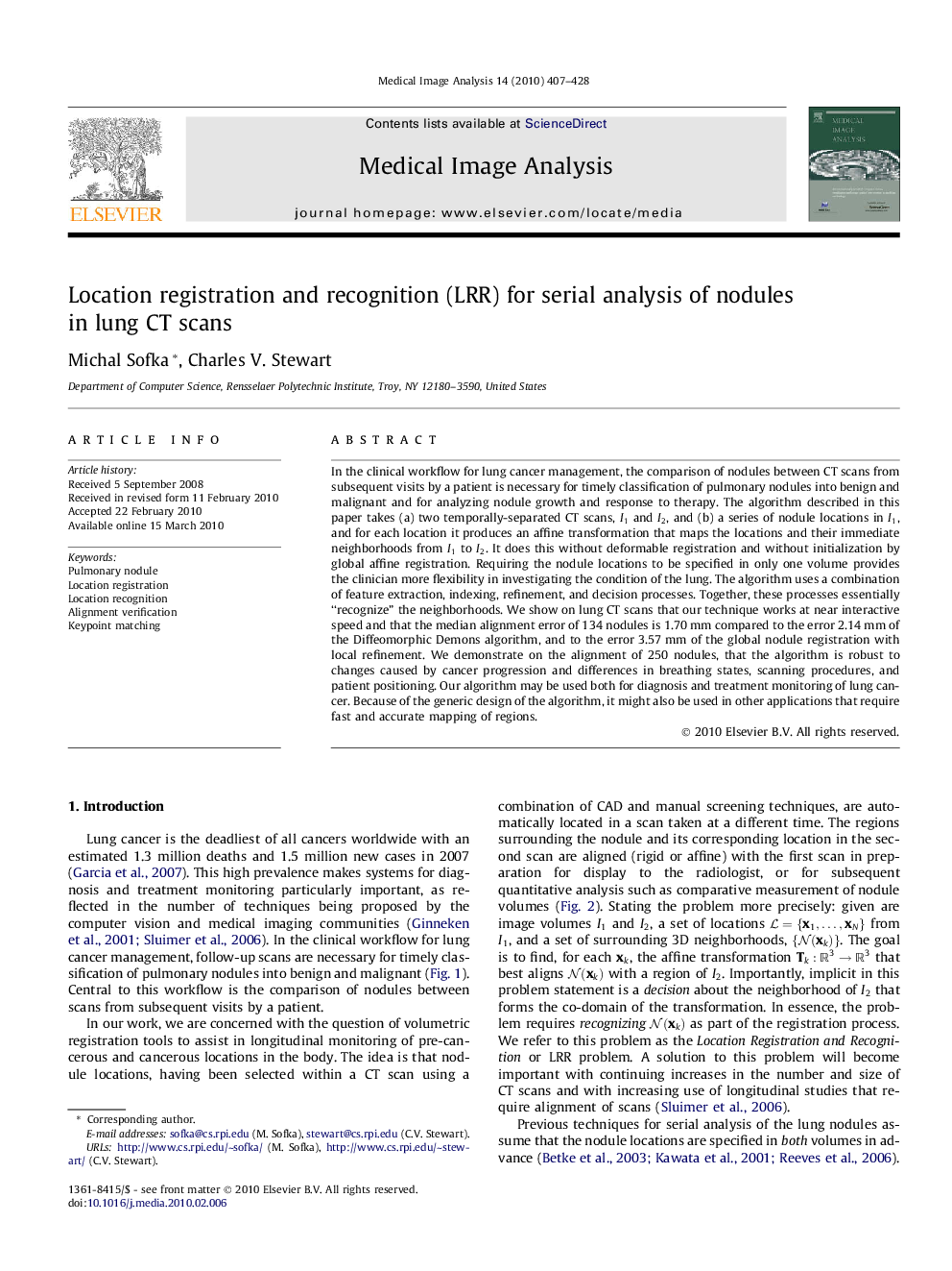 Location registration and recognition (LRR) for serial analysis of nodules in lung CT scans