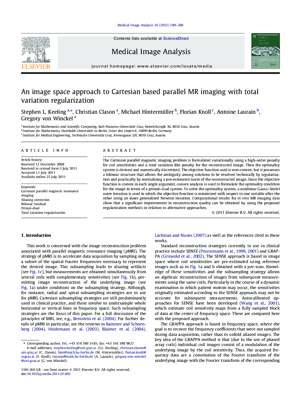 An image space approach to Cartesian based parallel MR imaging with total variation regularization