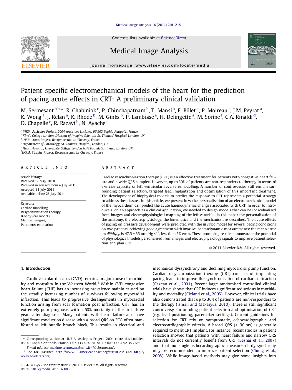 Patient-specific electromechanical models of the heart for the prediction of pacing acute effects in CRT: A preliminary clinical validation