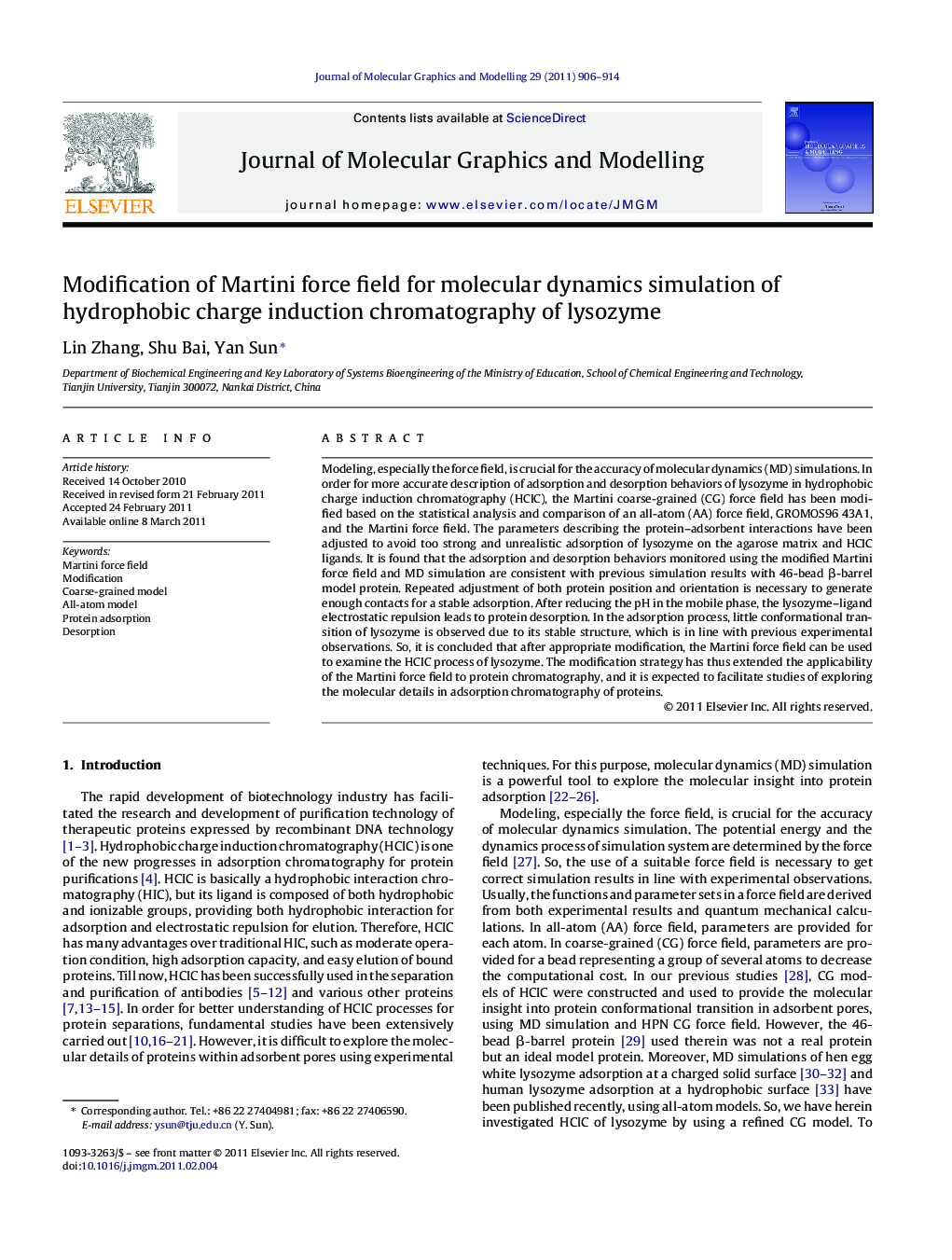 Modification of Martini force field for molecular dynamics simulation of hydrophobic charge induction chromatography of lysozyme