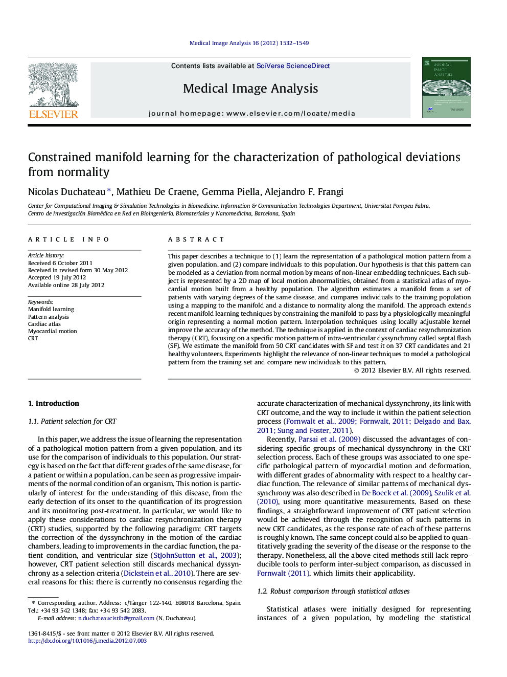 عکس صفحه اول مقاله: Constrained manifold learning for the characterization of pathological deviations from normality Constrained manifold learning for the characterization of pathological deviations from normality