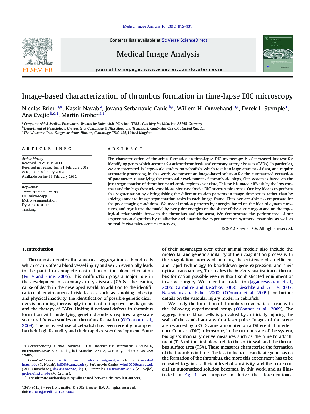 Image-based characterization of thrombus formation in time-lapse DIC microscopy