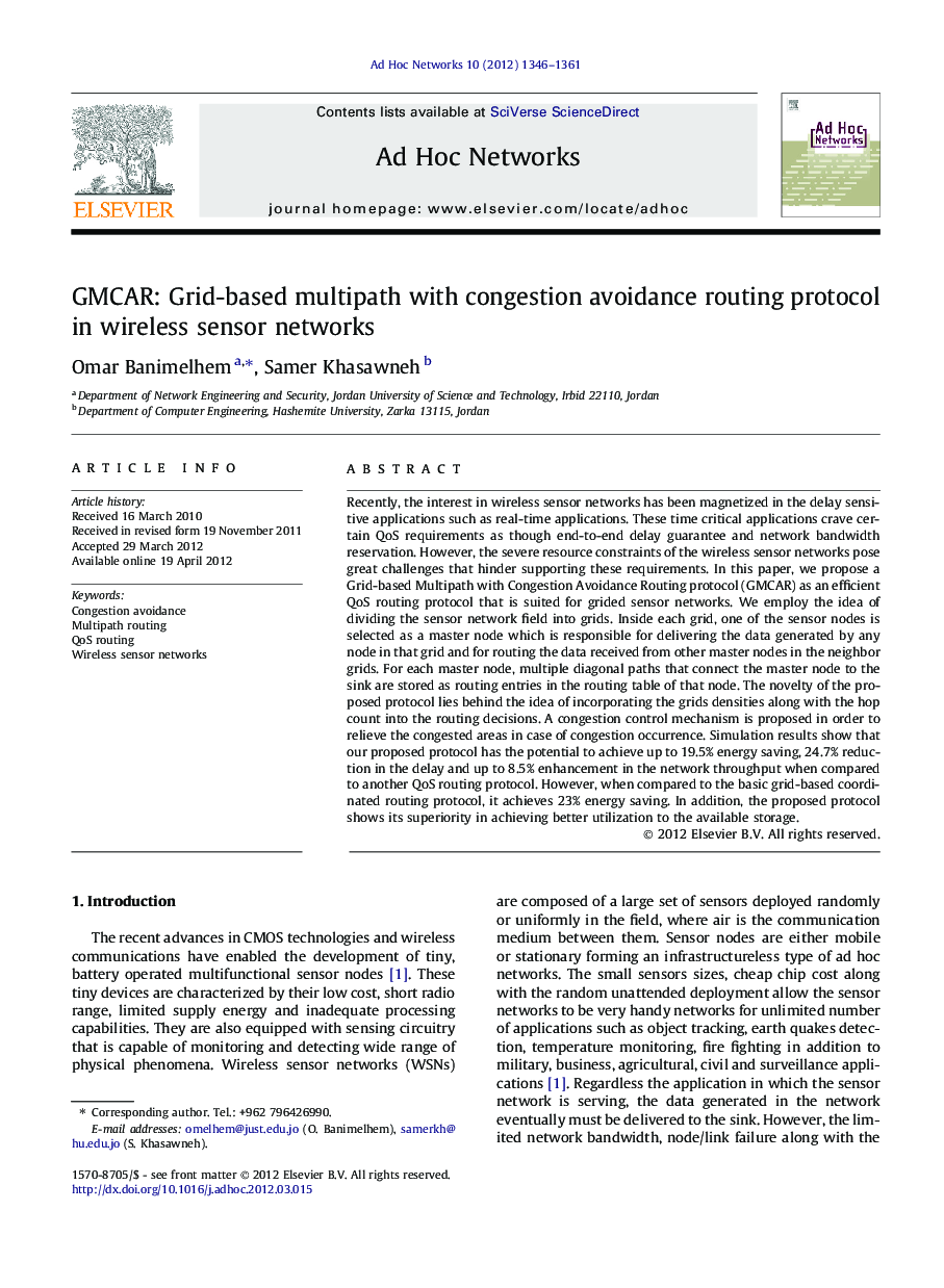 GMCAR: Grid-based multipath with congestion avoidance routing protocol in wireless sensor networks