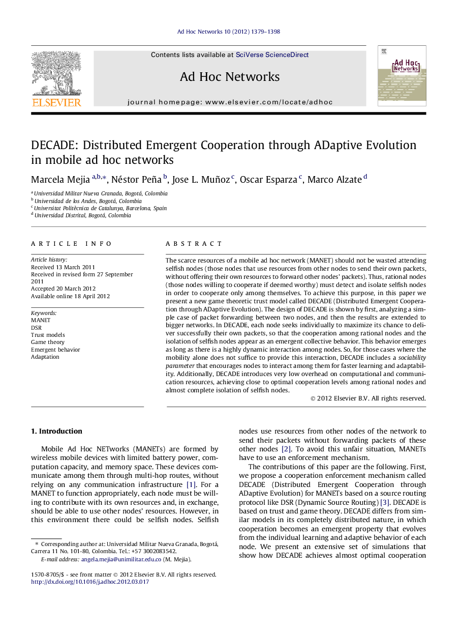 DECADE: Distributed Emergent Cooperation through ADaptive Evolution in mobile ad hoc networks