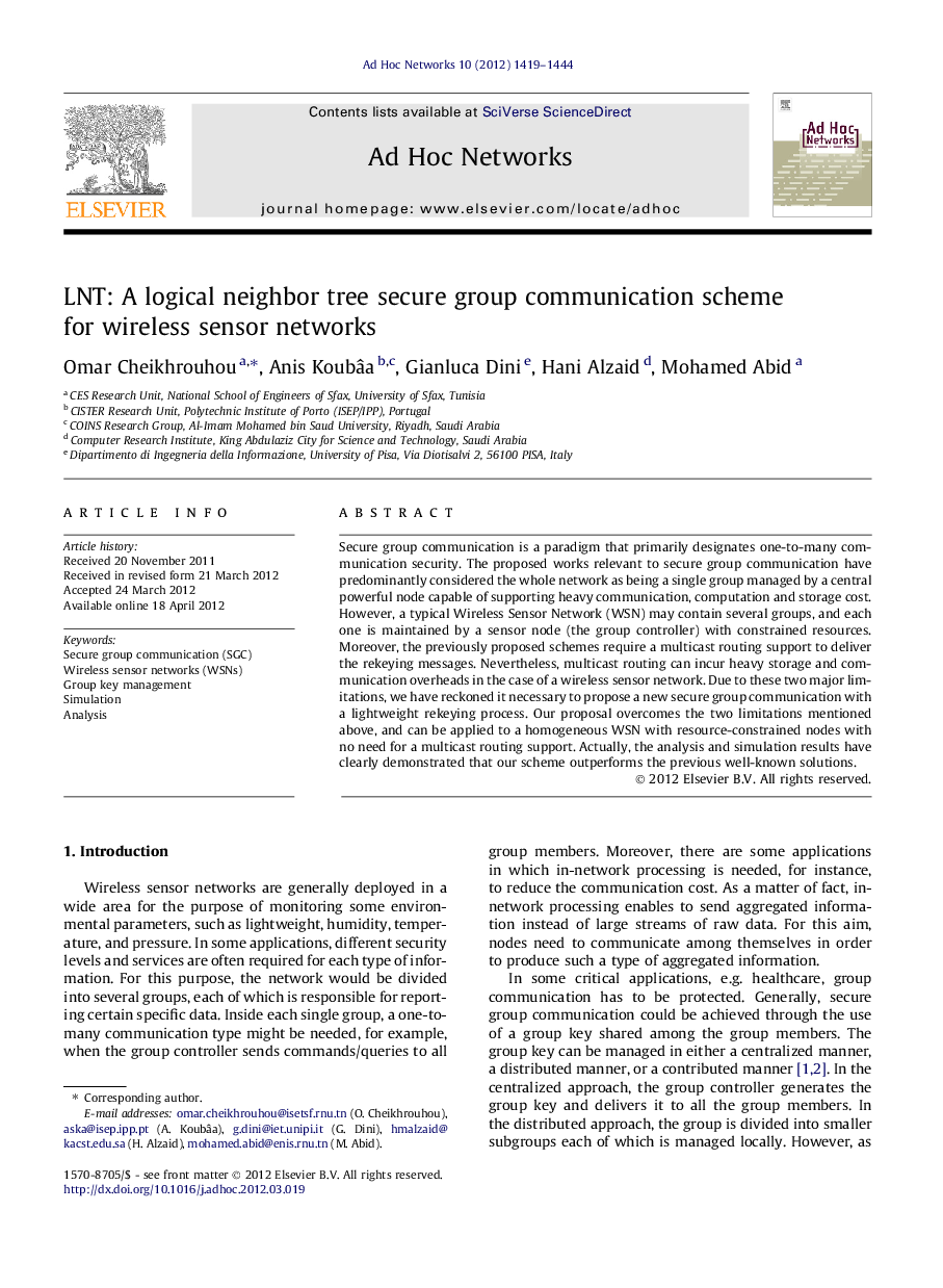 LNT: A logical neighbor tree secure group communication scheme for wireless sensor networks