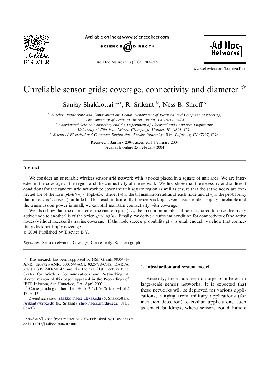 Unreliable sensor grids: coverage, connectivity and diameter