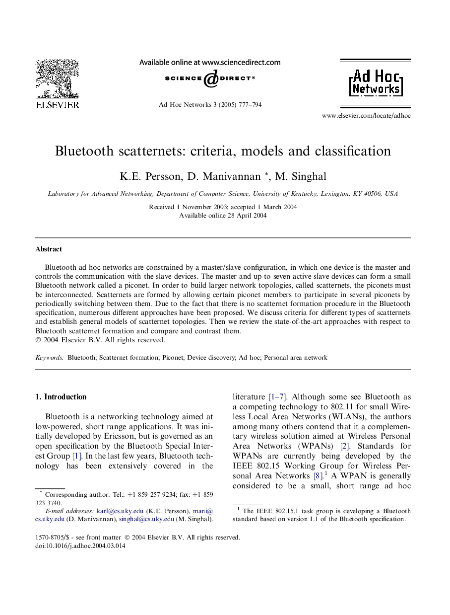 Bluetooth scatternets: criteria, models and classification