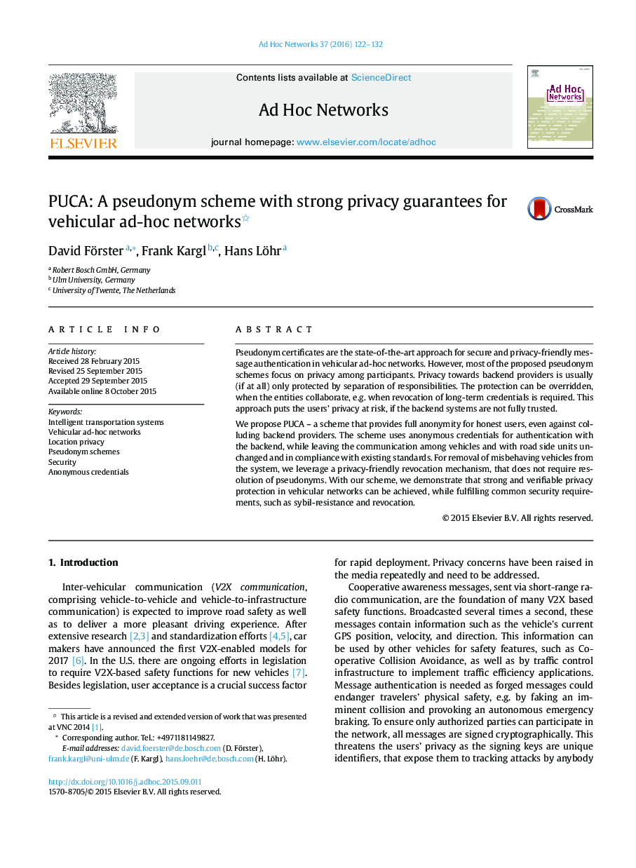 PUCA: A pseudonym scheme with strong privacy guarantees for vehicular ad-hoc networks 