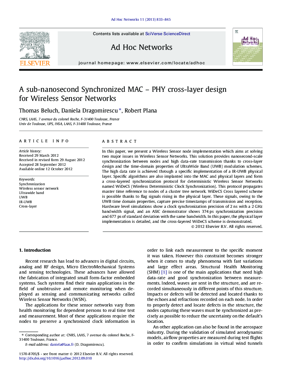 A sub-nanosecond Synchronized MAC - PHY cross-layer design for Wireless Sensor Networks