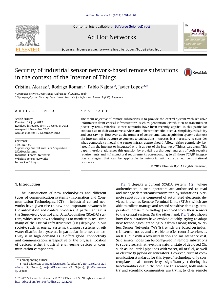 Security of industrial sensor network-based remote substations in the context of the Internet of Things