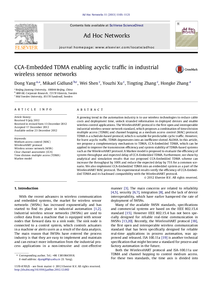 CCA-Embedded TDMA enabling acyclic traffic in industrial wireless sensor networks