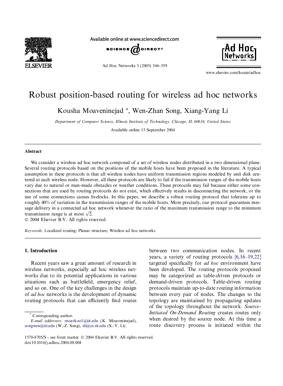 Robust position-based routing for wireless ad hoc networks