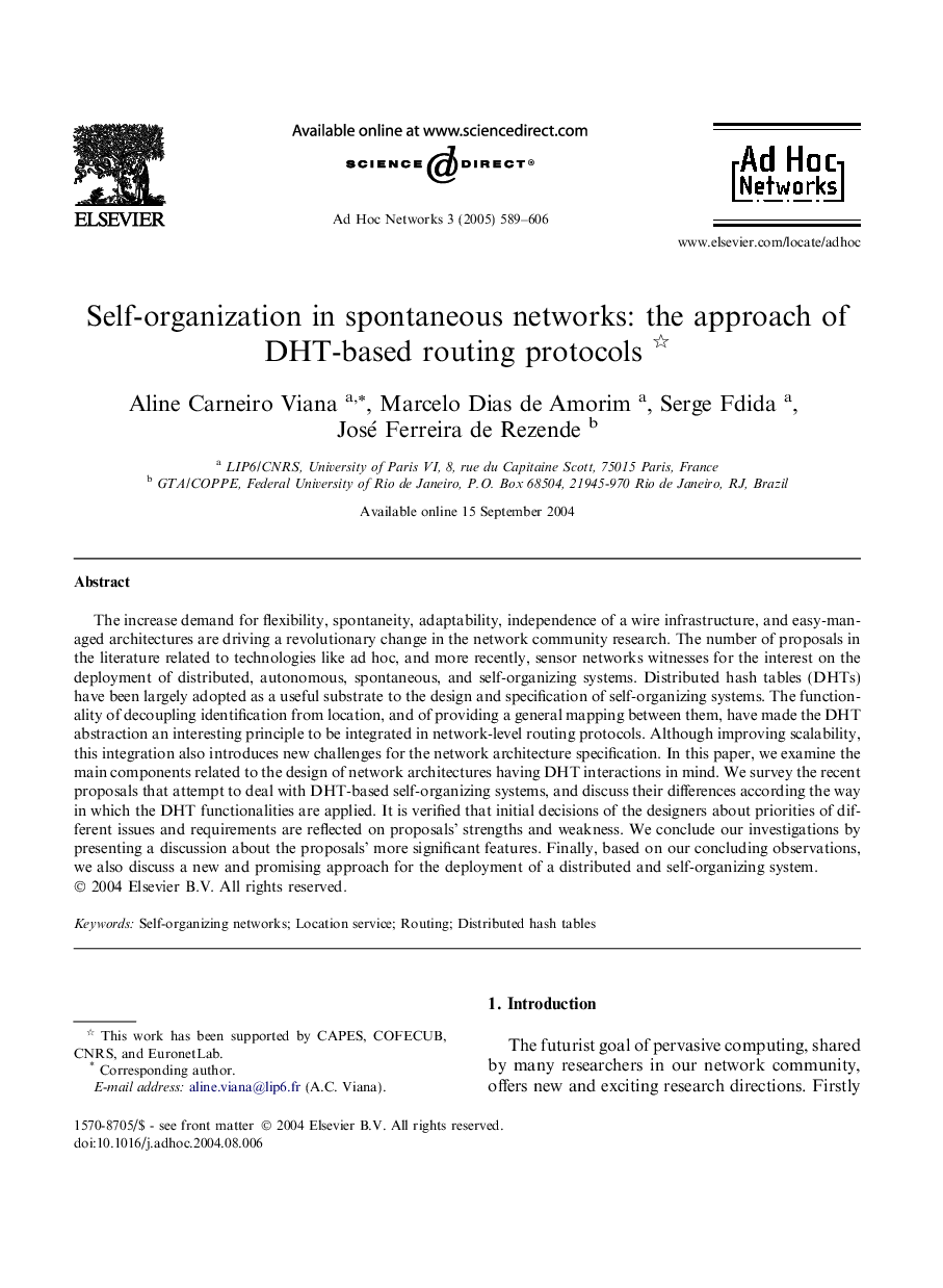 Self-organization in spontaneous networks: the approach of DHT-based routing protocols