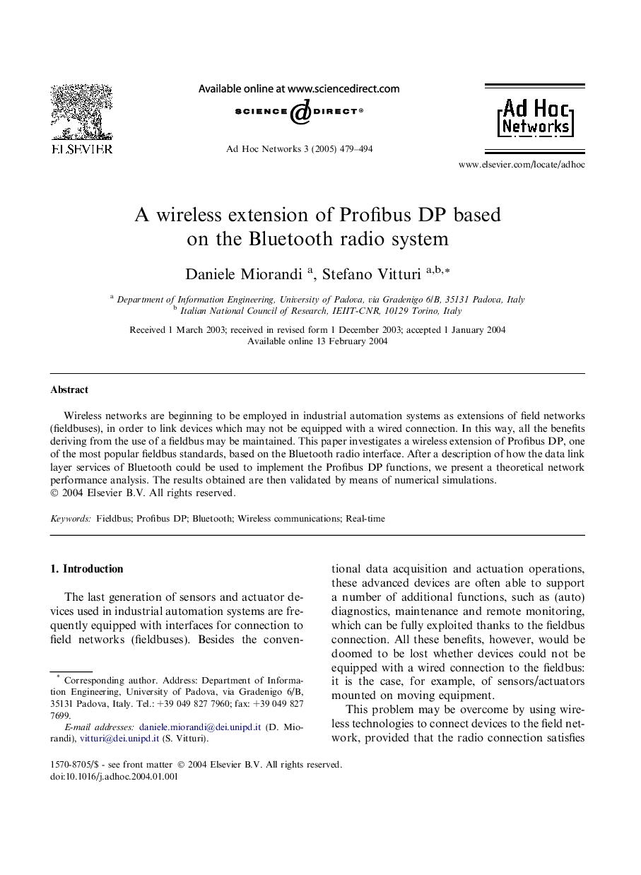 A wireless extension of Profibus DP based on the Bluetooth radio system