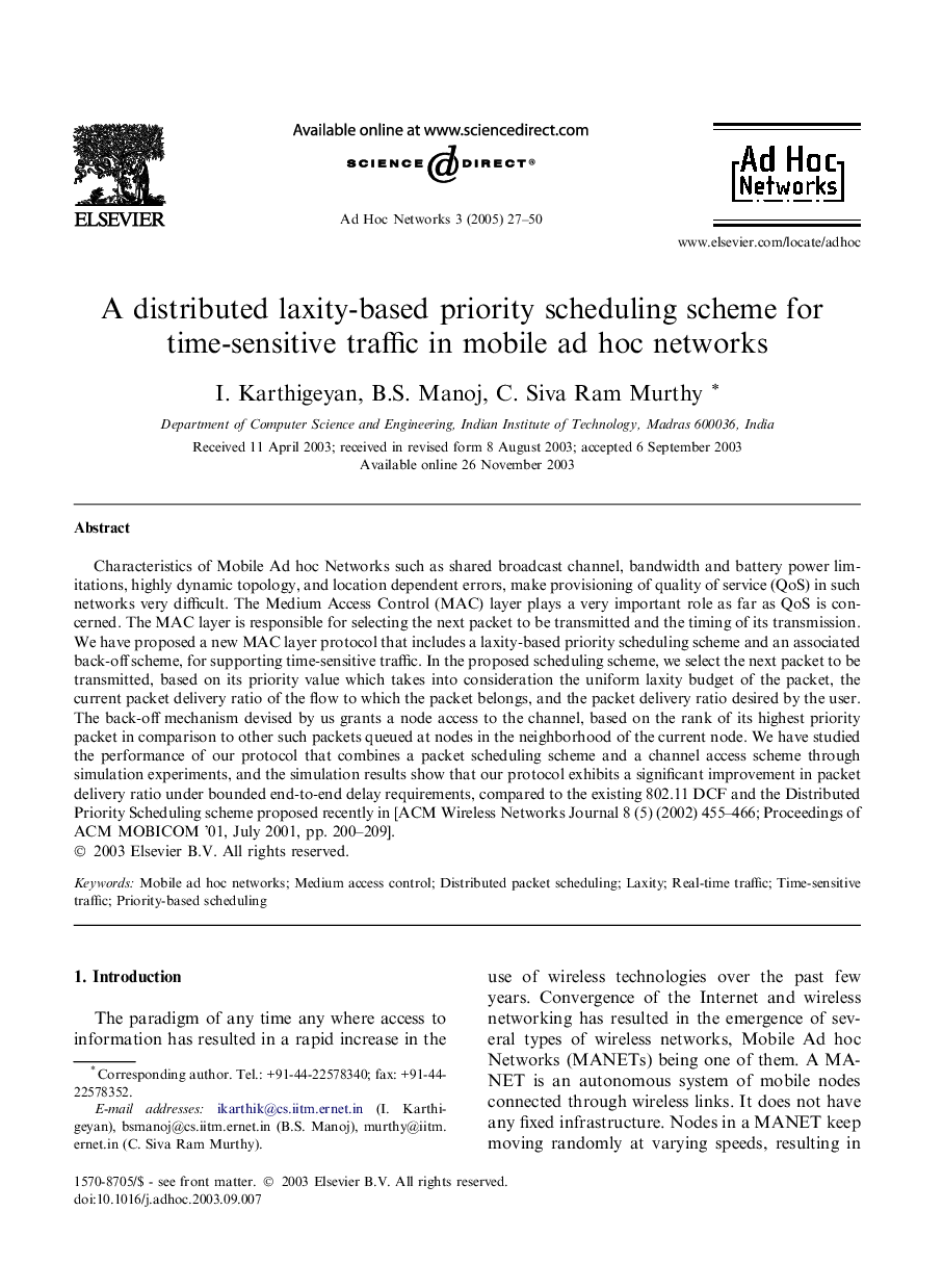 A distributed laxity-based priority scheduling scheme for time-sensitive traffic in mobile ad hoc networks