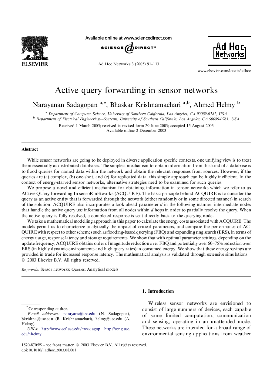 Active query forwarding in sensor networks