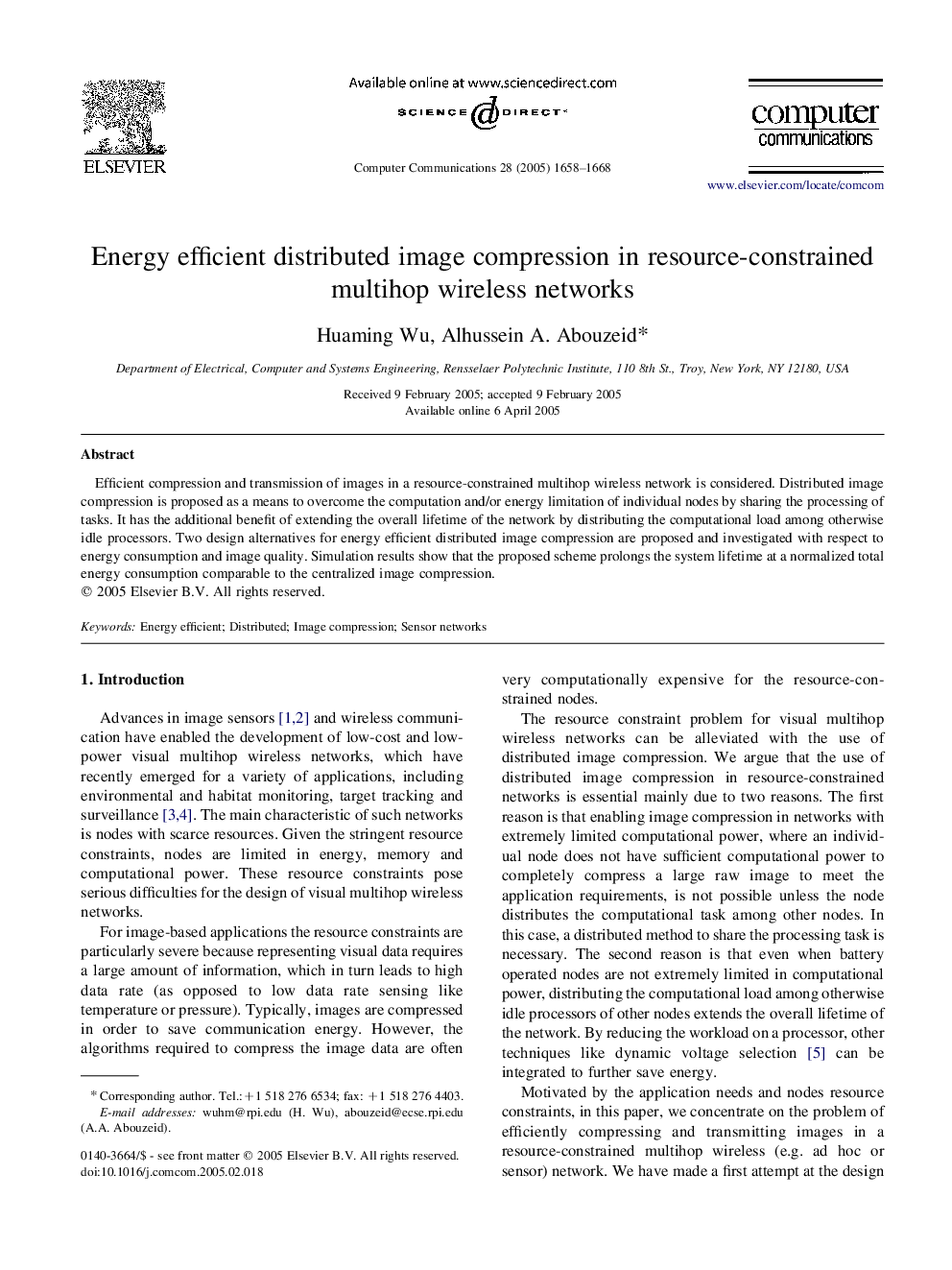 Energy efficient distributed image compression in resource-constrained multihop wireless networks