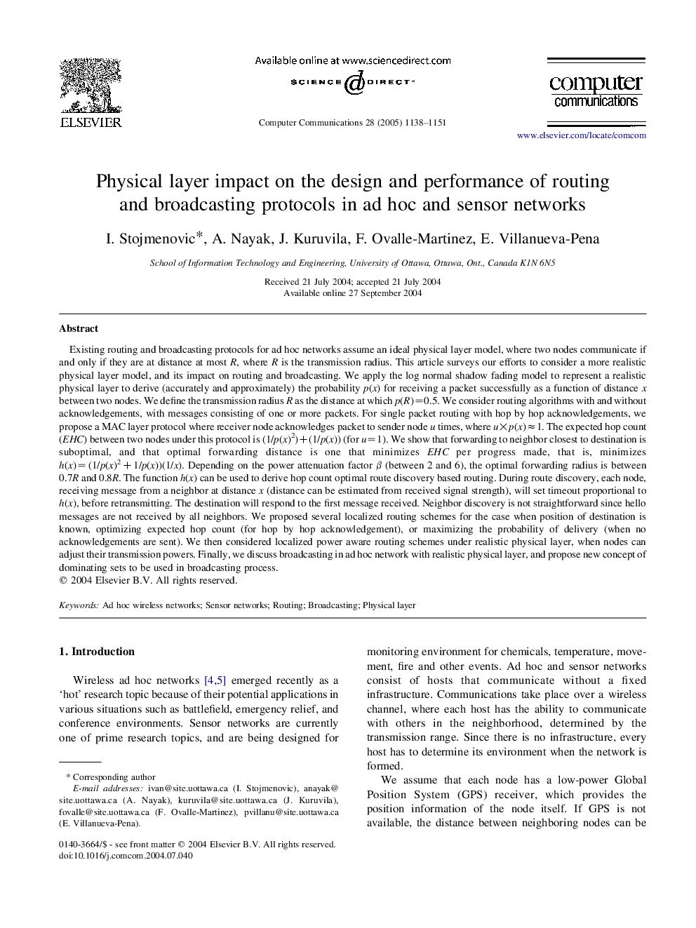 عکس صفحه اول مقاله: Physical layer impact on the design and performance of routing and broadcasting protocols in ad hoc and sensor networks Physical layer impact on the design and performance of routing and broadcasting protocols in ad hoc and sensor networks