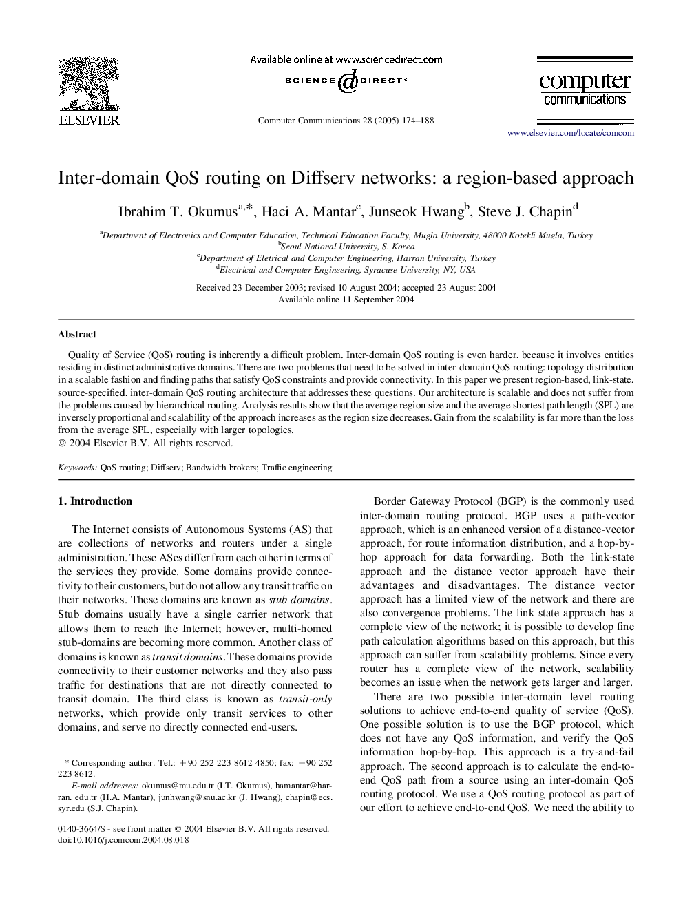 Inter-domain QoS routing on Diffserv networks: a region-based approach