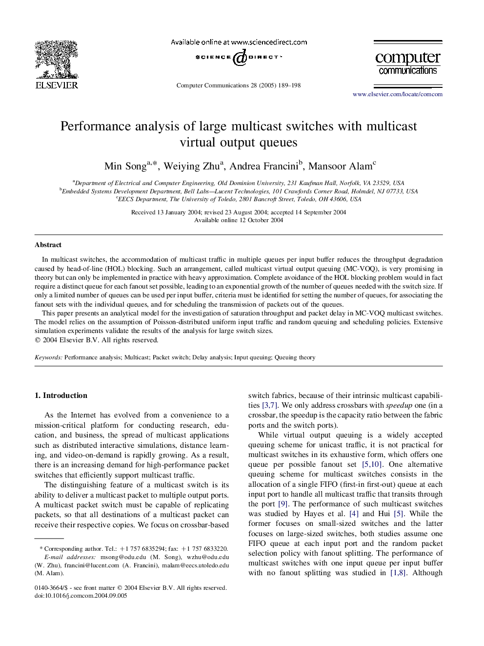 Performance analysis of large multicast switches with multicast virtual output queues