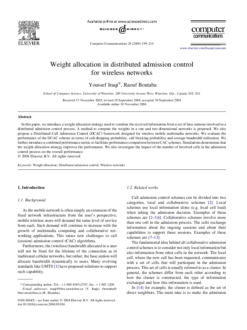 Weight allocation in distributed admission control for wireless networks