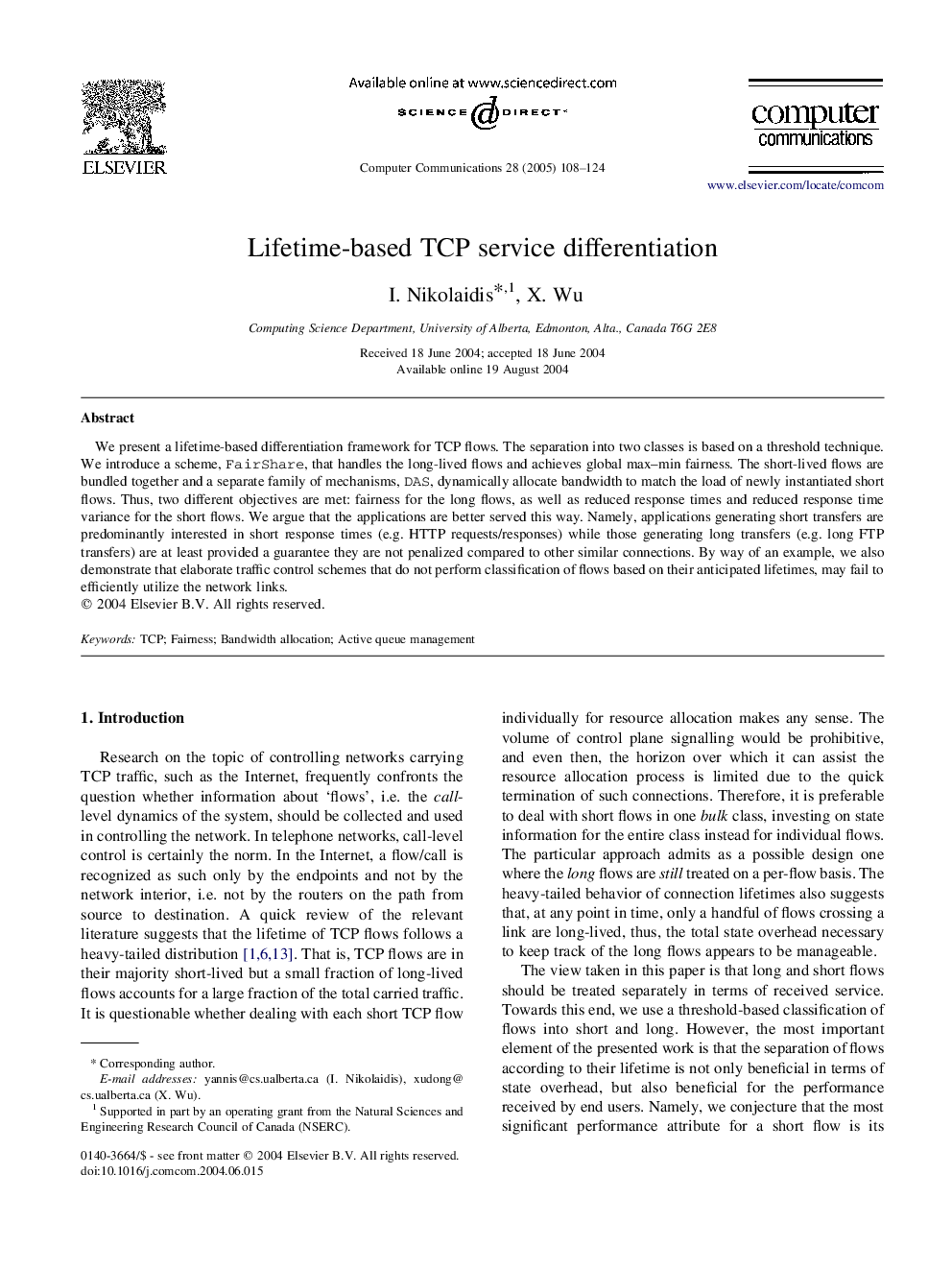 Lifetime-based TCP service differentiation