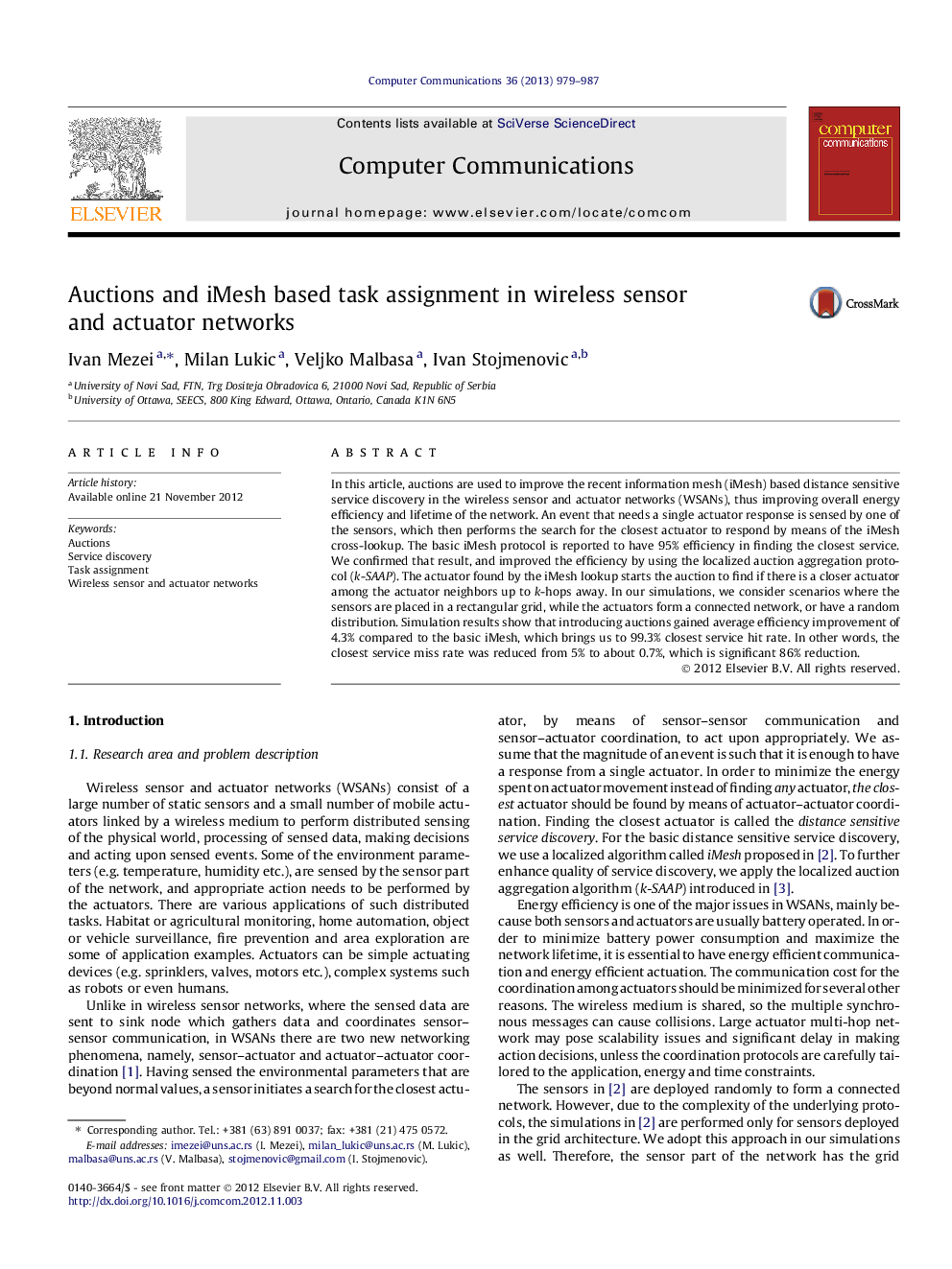 Auctions and iMesh based task assignment in wireless sensor and actuator networks