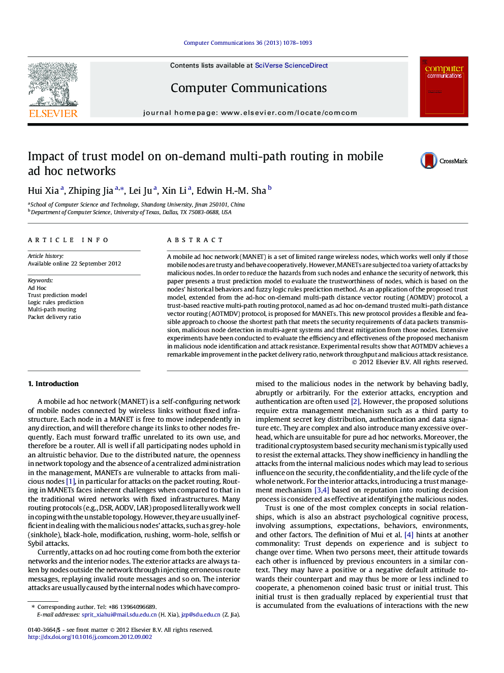 Impact of trust model on on-demand multi-path routing in mobile ad hoc networks