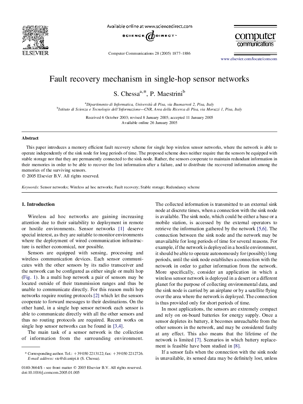 Fault recovery mechanism in single-hop sensor networks