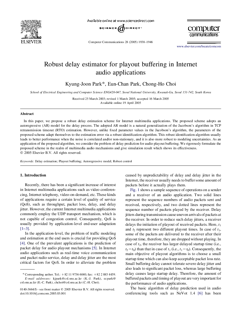 Robust delay estimator for playout buffering in Internet audio applications