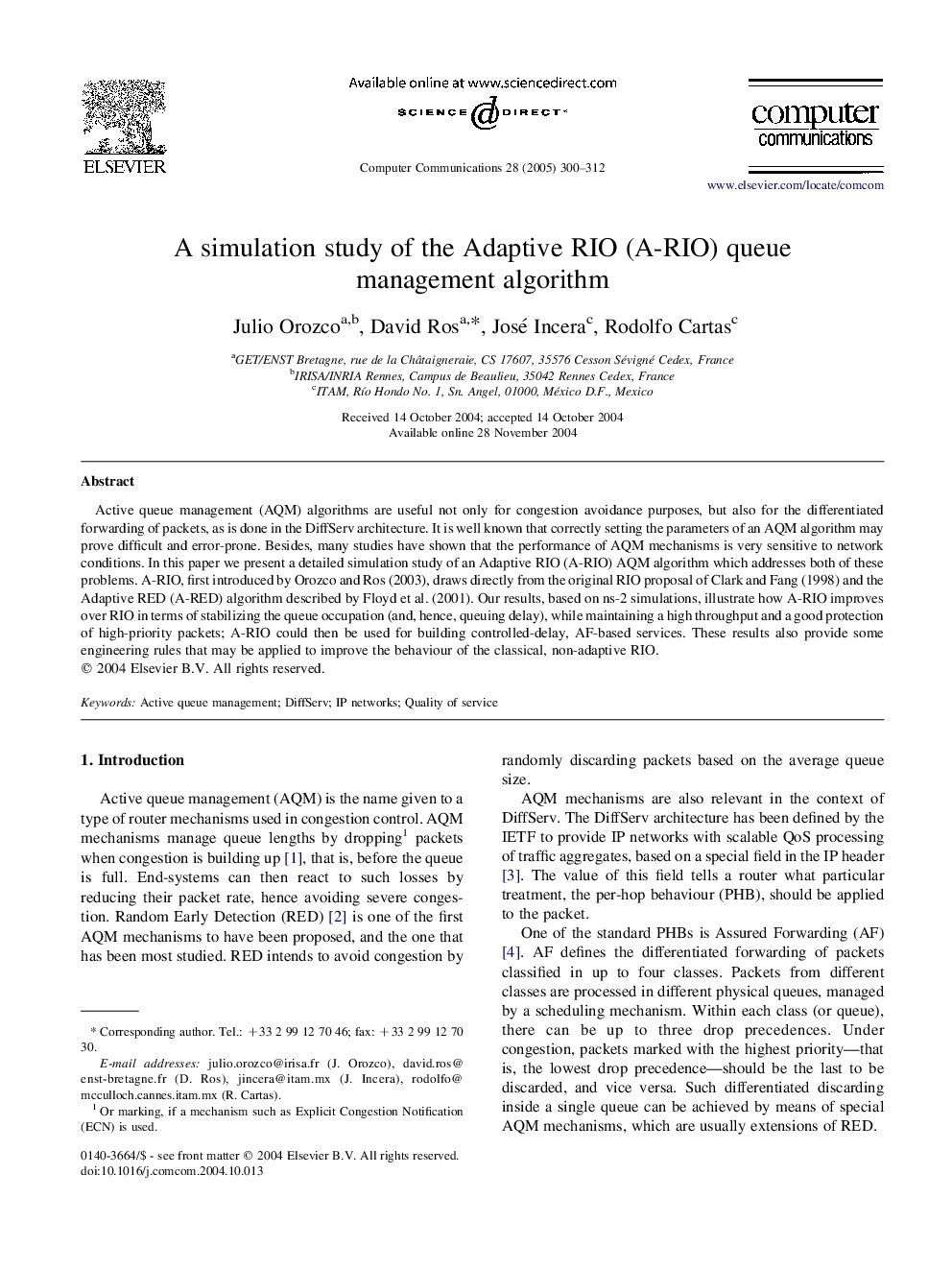 A simulation study of the Adaptive RIO (A-RIO) queue management algorithm