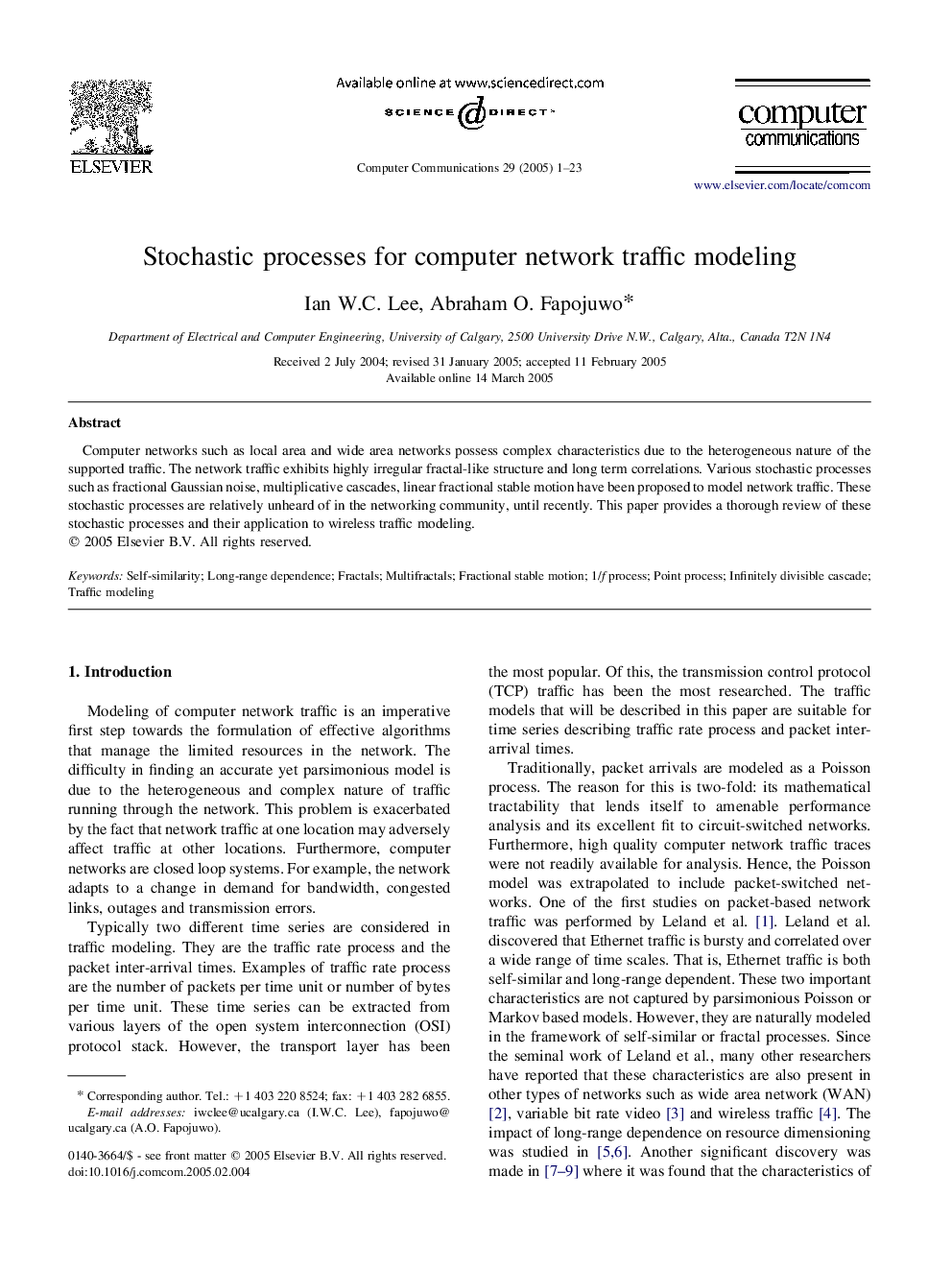 Stochastic processes for computer network traffic modeling