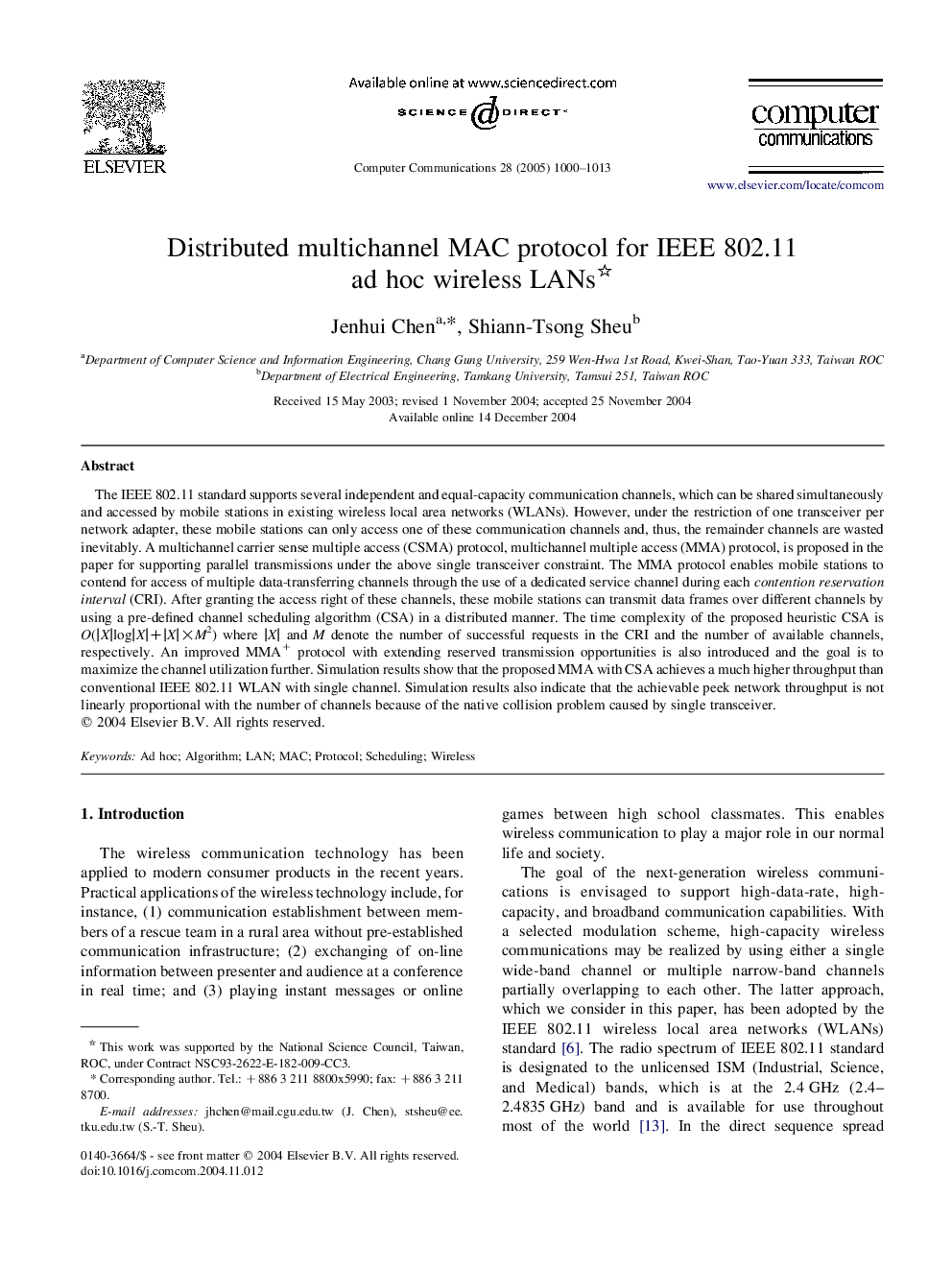 Distributed multichannel MAC protocol for IEEE 802.11 ad hoc wireless LANs