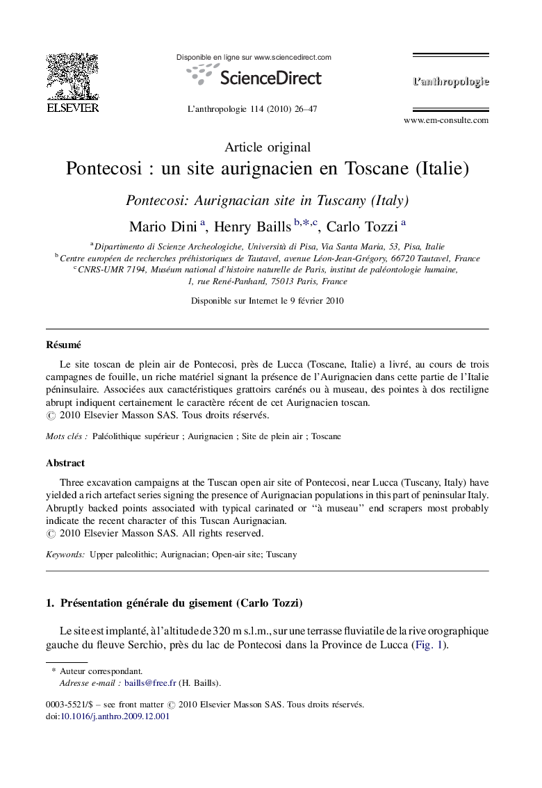 PontecosiÂ : un site aurignacien en Toscane (Italie)