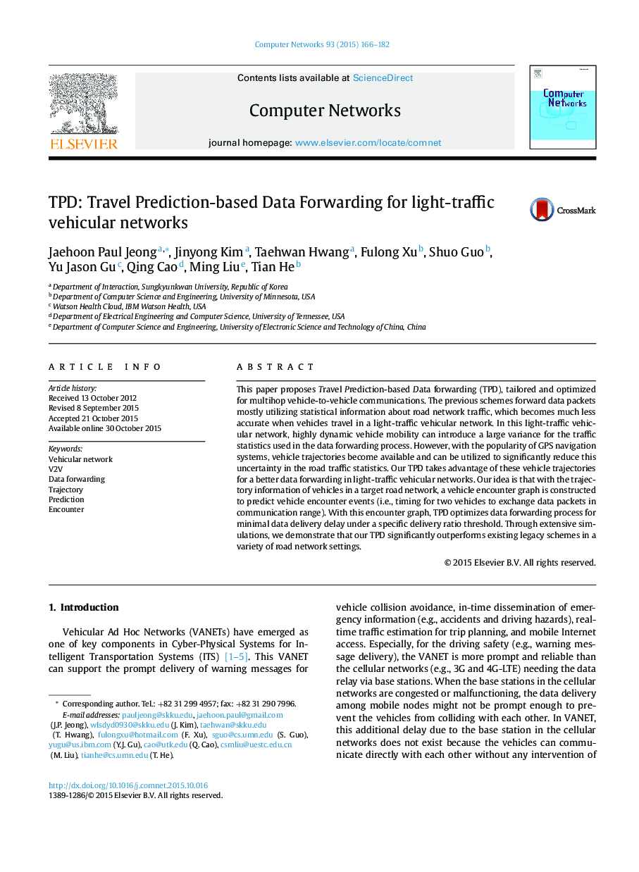 TPD: Travel Prediction-based Data Forwarding for light-traffic vehicular networks