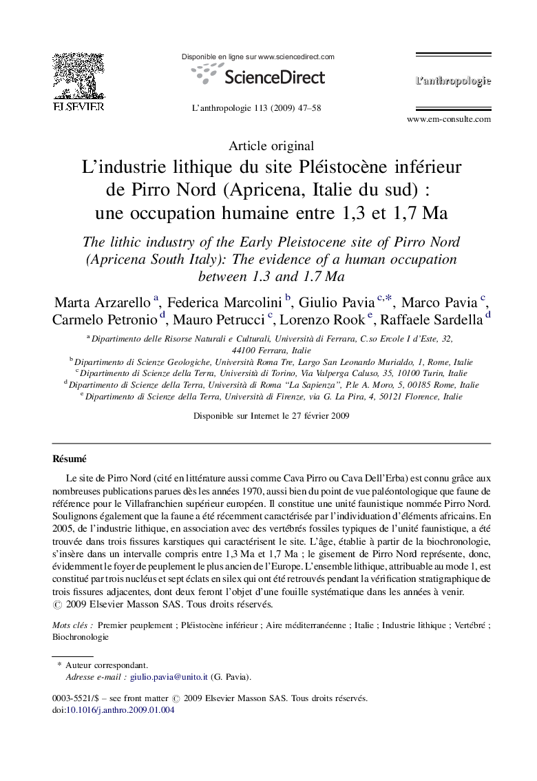 L’industrie lithique du site Pléistocène inférieur de Pirro Nord (Apricena, Italie du sud) : une occupation humaine entre 1,3 et 1,7 Ma