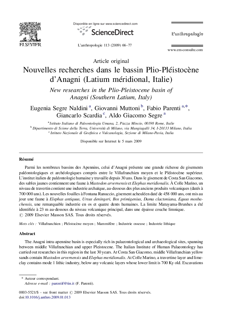 Nouvelles recherches dans le bassin Plio-Pléistocène d’Anagni (Latium méridional, Italie)