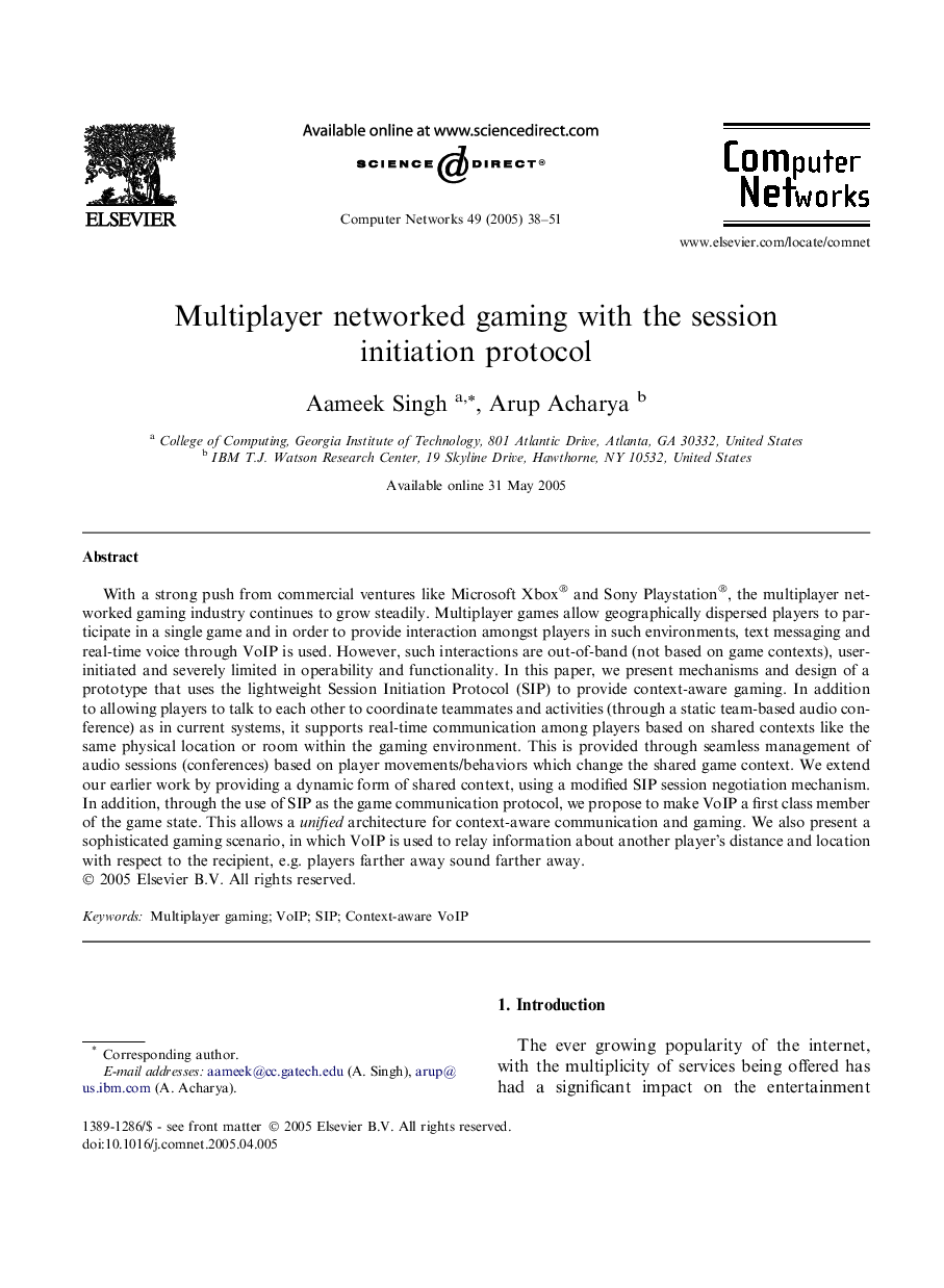 عکس صفحه اول مقاله: Multiplayer networked gaming with the session initiation protocol Multiplayer networked gaming with the session initiation protocol