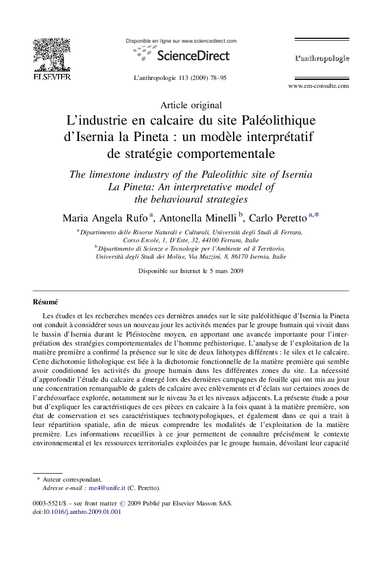L’industrie en calcaire du site Paléolithique d’Isernia la Pineta : un modèle interprétatif de stratégie comportementale