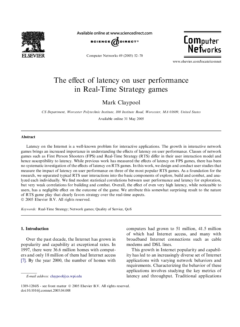 The effect of latency on user performance in Real-Time Strategy games