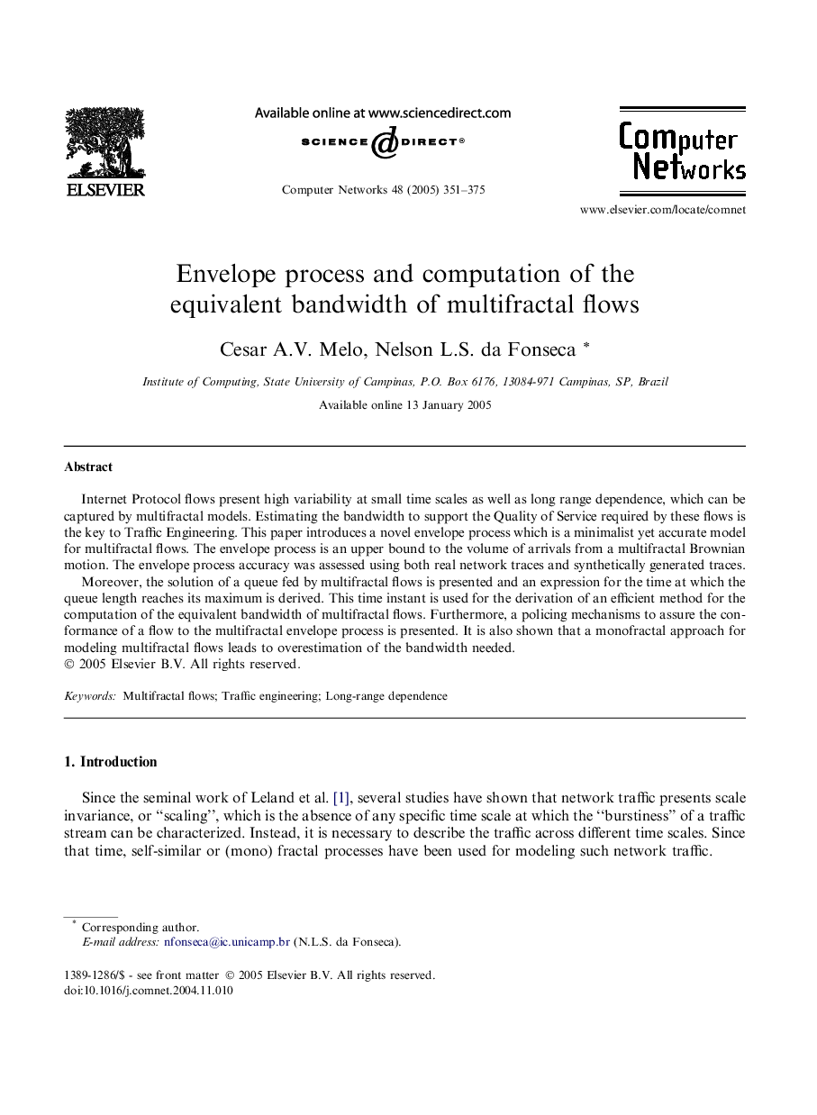 Envelope process and computation of the equivalent bandwidth of multifractal flows