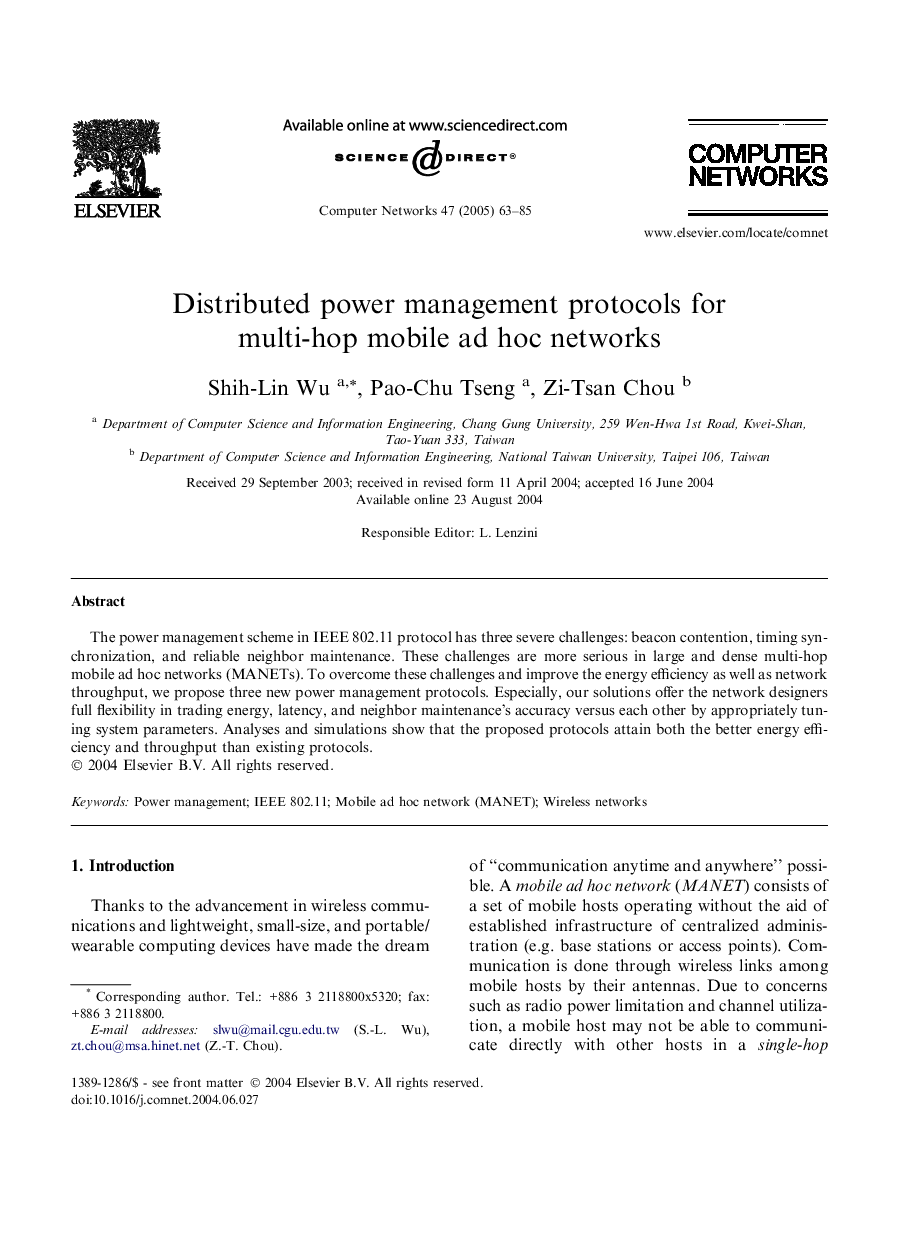 Distributed power management protocols for multi-hop mobile ad hoc networks