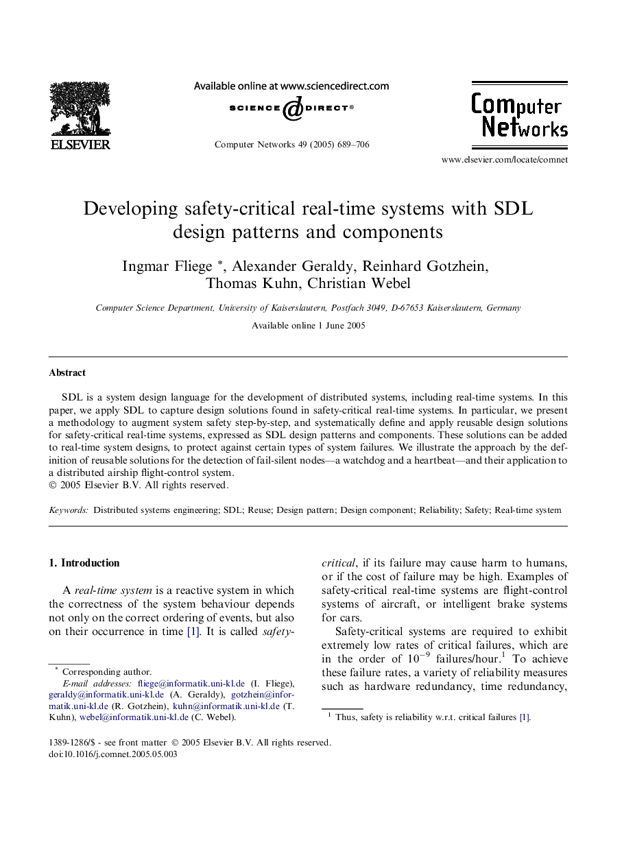 Developing safety-critical real-time systems with SDL design patterns and components