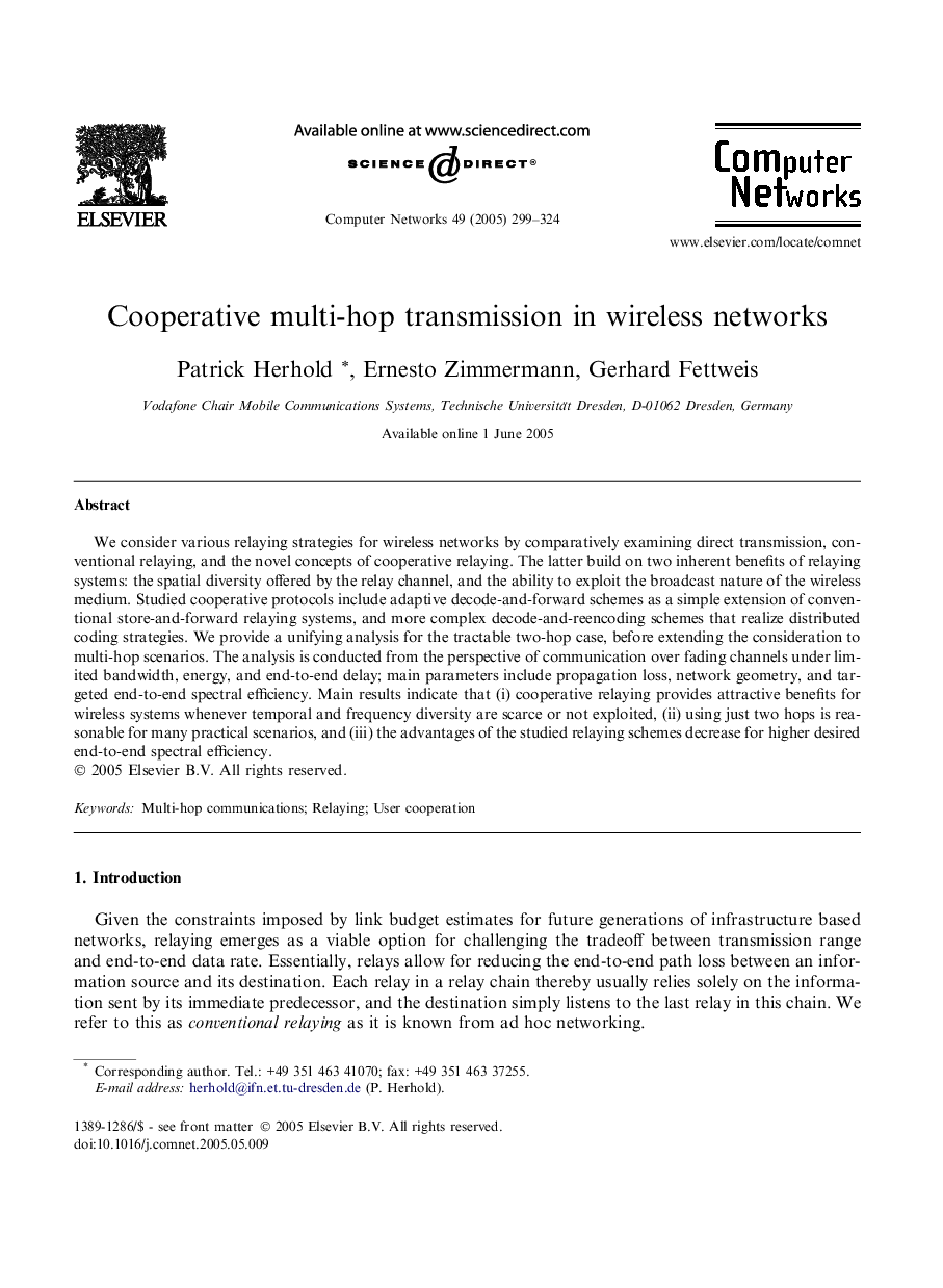 Cooperative multi-hop transmission in wireless networks