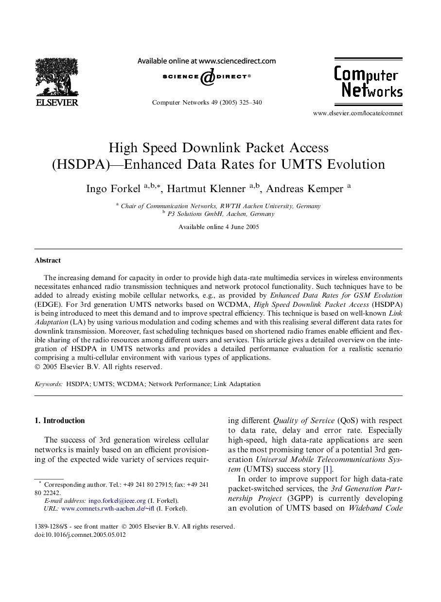 High Speed Downlink Packet Access (HSDPA)-Enhanced Data Rates for UMTS Evolution