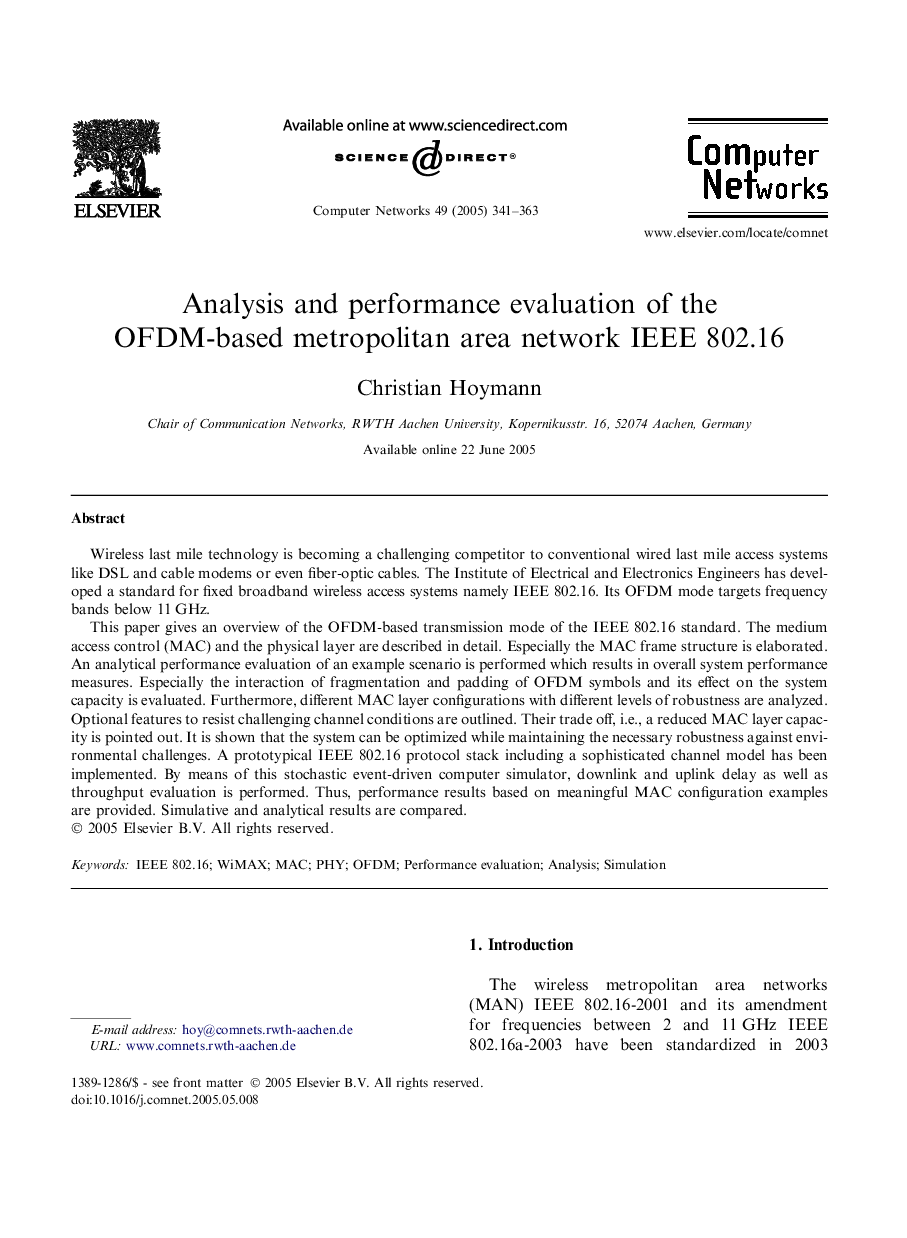 Analysis and performance evaluation of the OFDM-based metropolitan area network IEEE 802.16