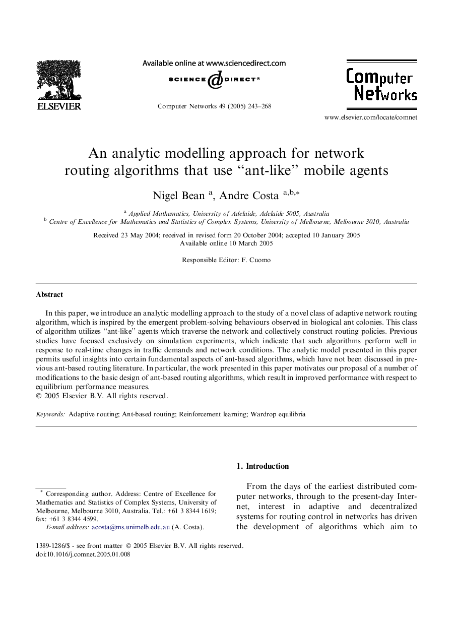 An analytic modelling approach for network routing algorithms that use “ant-like” mobile agents