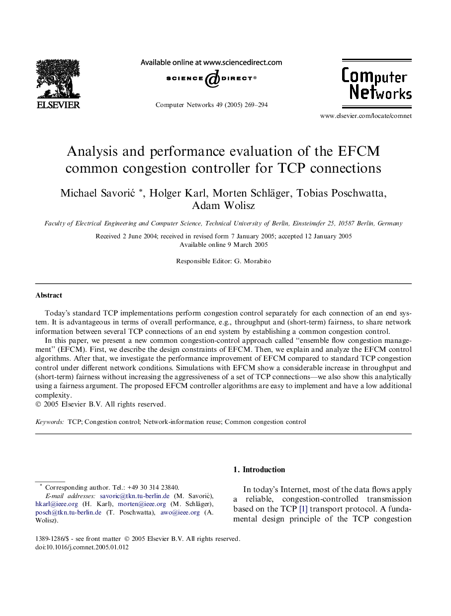 عکس صفحه اول مقاله: Analysis and performance evaluation of the EFCM common congestion controller for TCP connections Analysis and performance evaluation of the EFCM common congestion controller for TCP connections