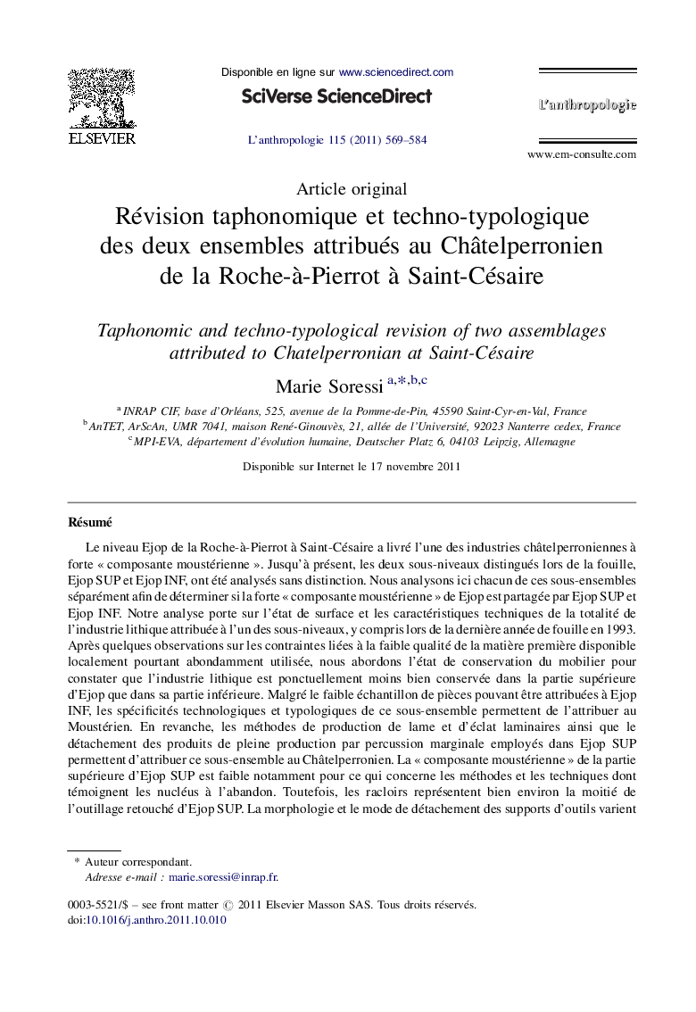 Révision taphonomique et techno-typologique des deux ensembles attribués au Châtelperronien de la Roche-à-Pierrot à Saint-Césaire